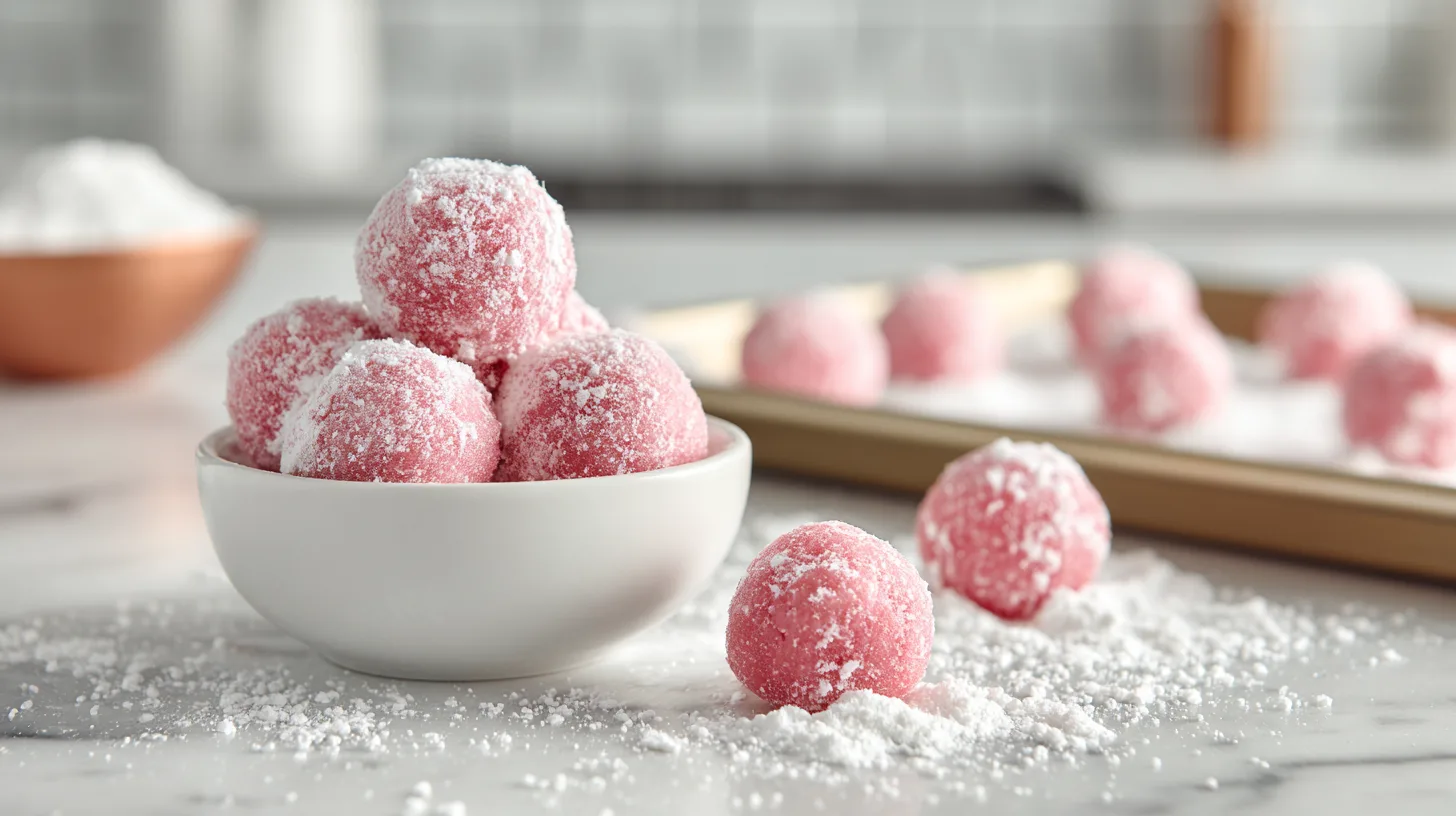 Strawberry cookie dough balls coated in powdered sugar on marble counter