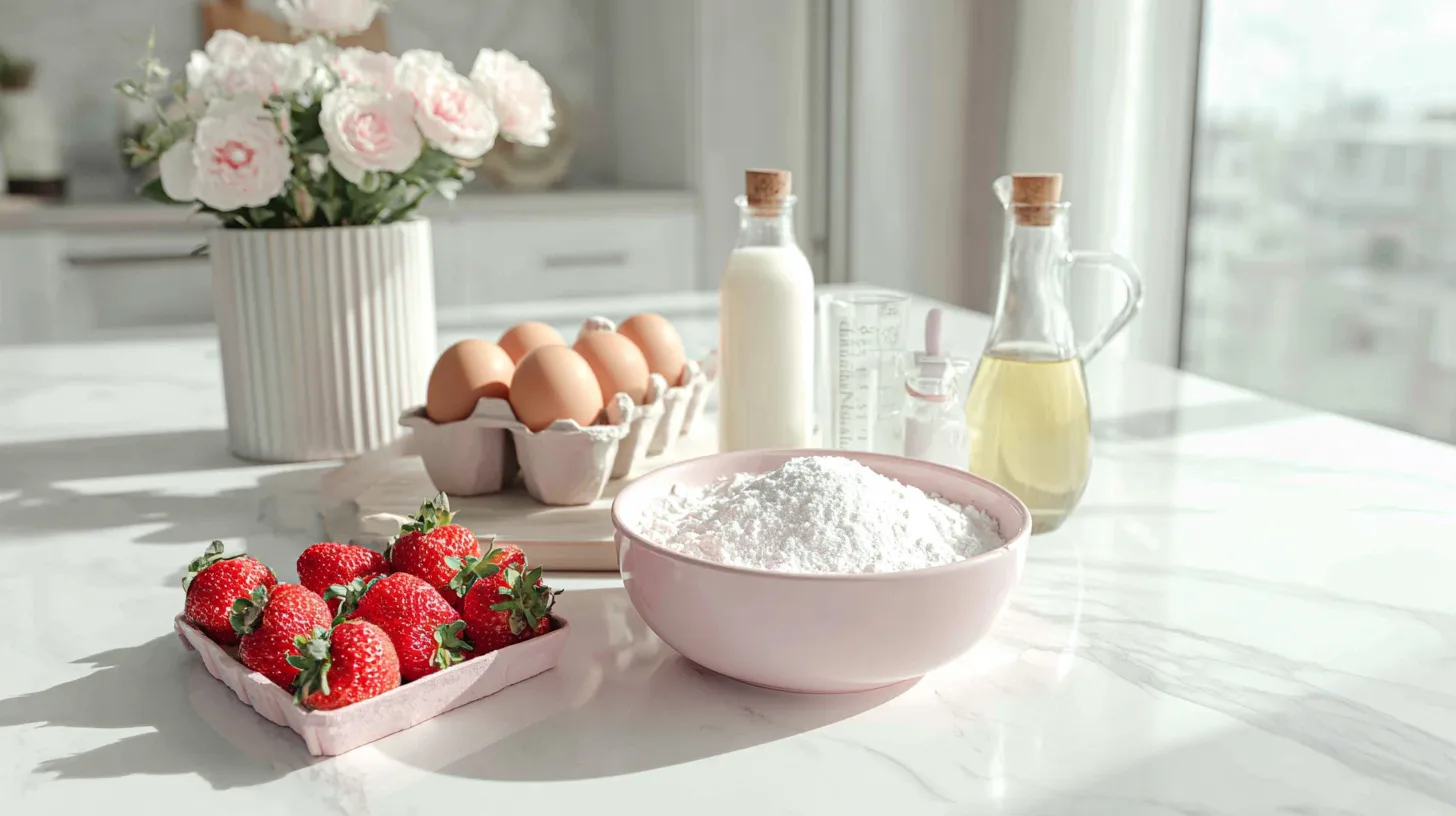 Strawberry cake mix and baking ingredients arranged on white marble counter