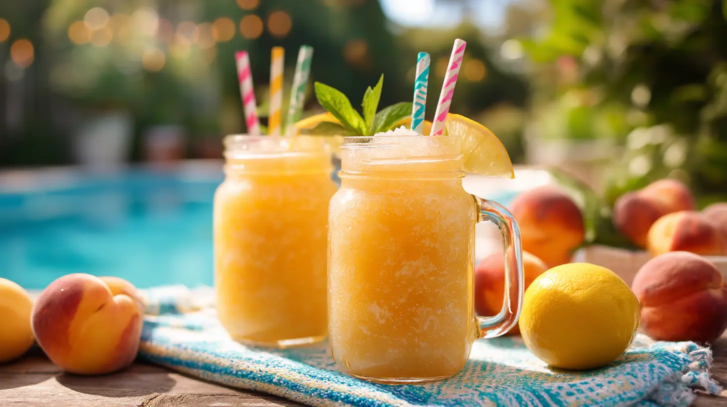 Mason jars of frozen peach lemonade slush arranged for summer outdoor party