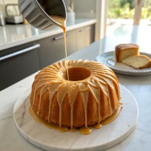 Caramel glaze being poured on a round bundt Baptist Pound Cake