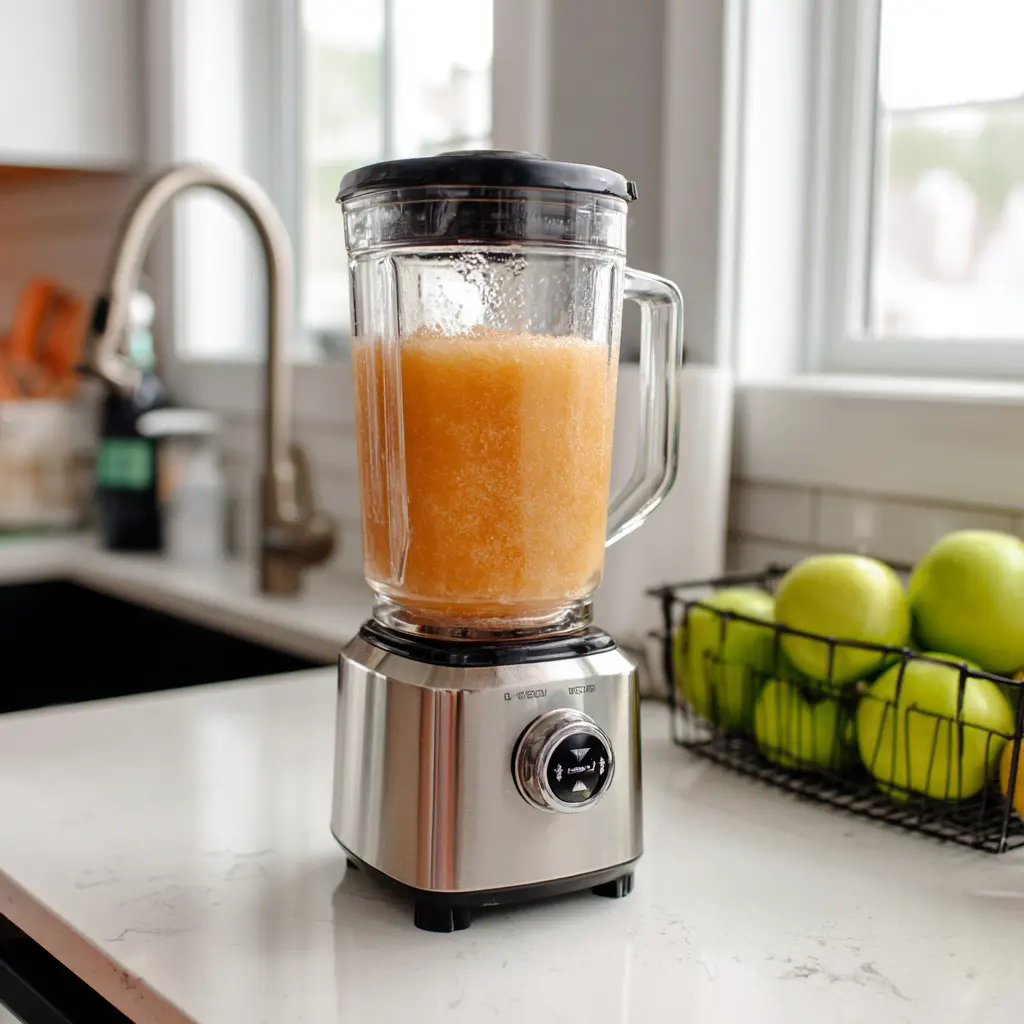 Blending frozen peach lemonade slush in bright modern setting