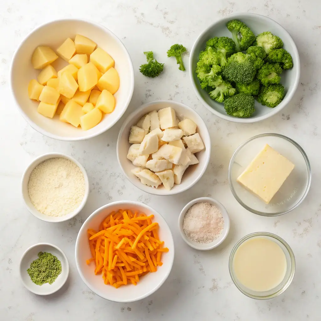 Flat lay of labeled ingredients for spicy broccoli cheddar potato soup, neatly arranged on a white patterned surface.