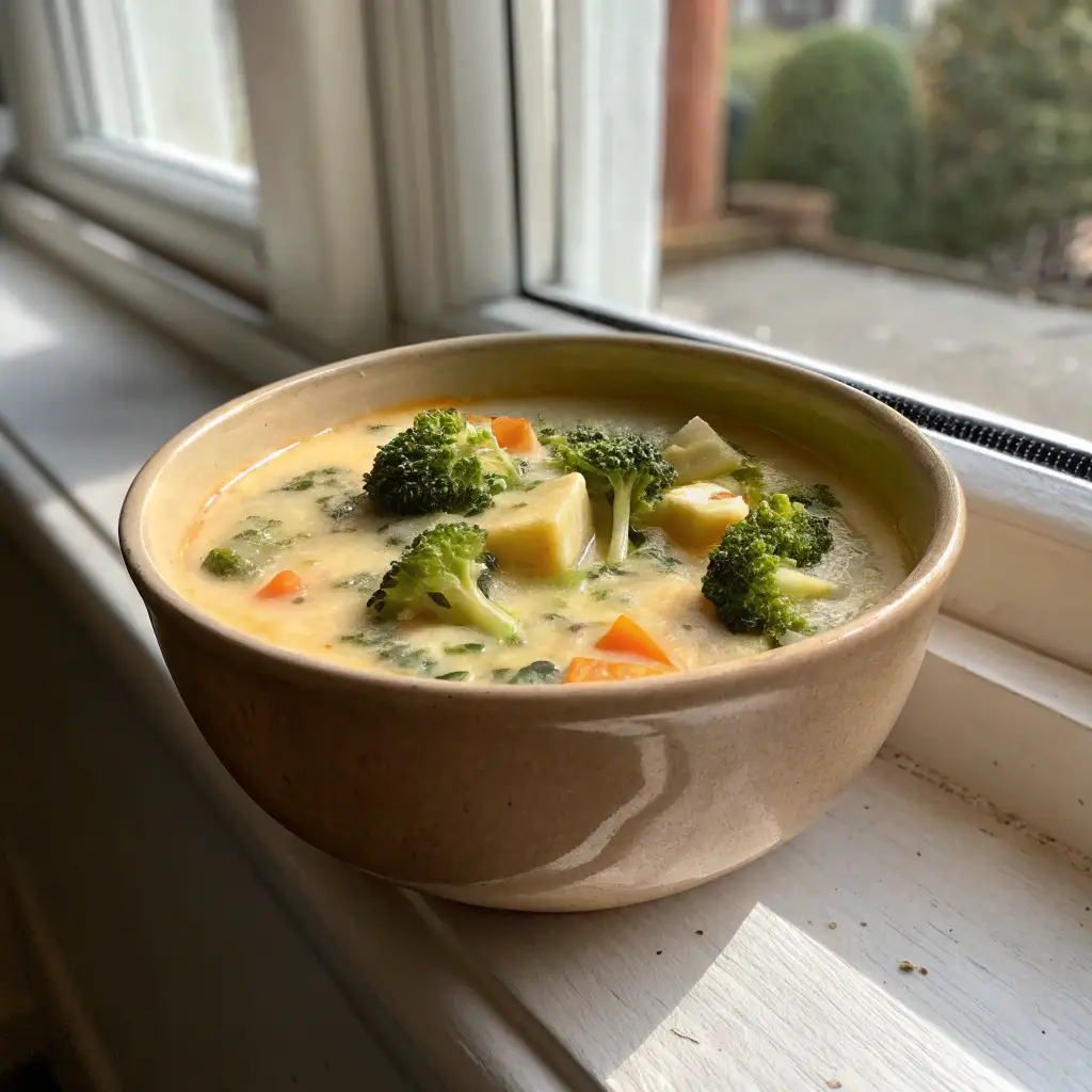 A ceramic bowl full of spicy potato broccoli cheddar soup sitting on a window ledge with a spoon resting in it.