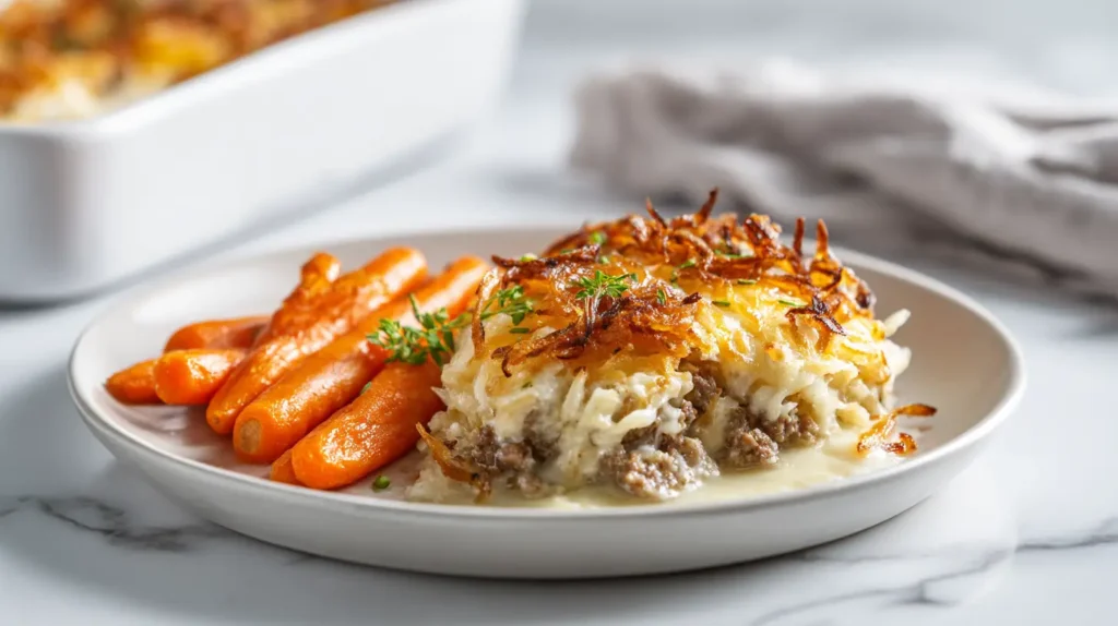 Cheesy hash brown and hamburger casserole served with glazed carrots