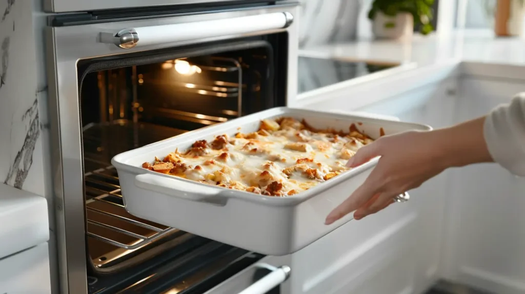 Cheesy hash brown and hamburger casserole going into the oven