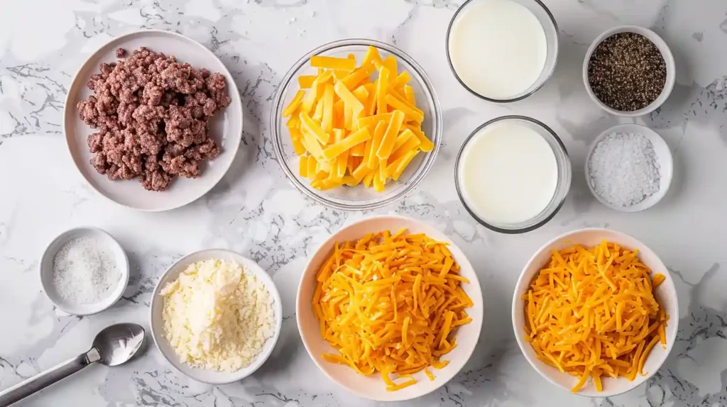 Ingredients for cheesy hash brown and hamburger casserole on marble surface