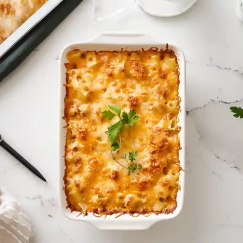 Assembling cheesy hash brown and hamburger casserole with onions and cheddar