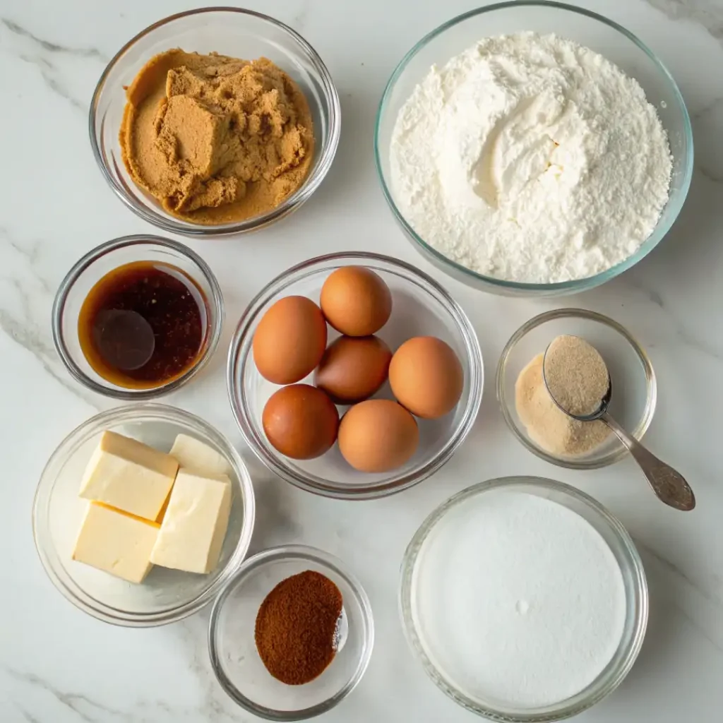 Ingredients for Ingredients for Pound Cake with Caramel Icing on White Surface on White Surface