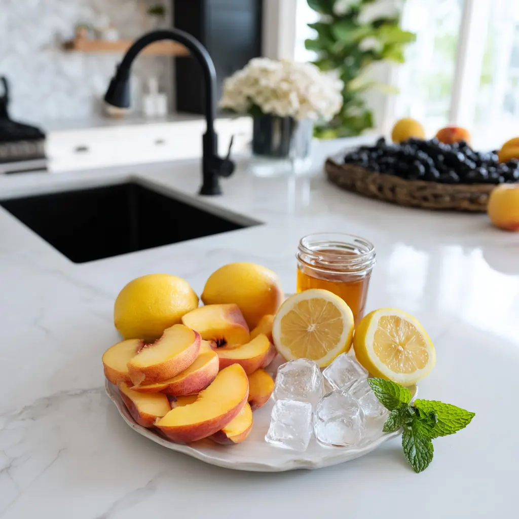 Frozen peach lemonade slush ingredients laid out