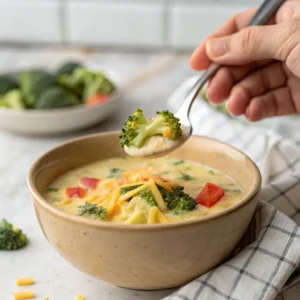 A hand holding a spoonful of spicy broccoli cheddar potato soup above a ceramic bowl.