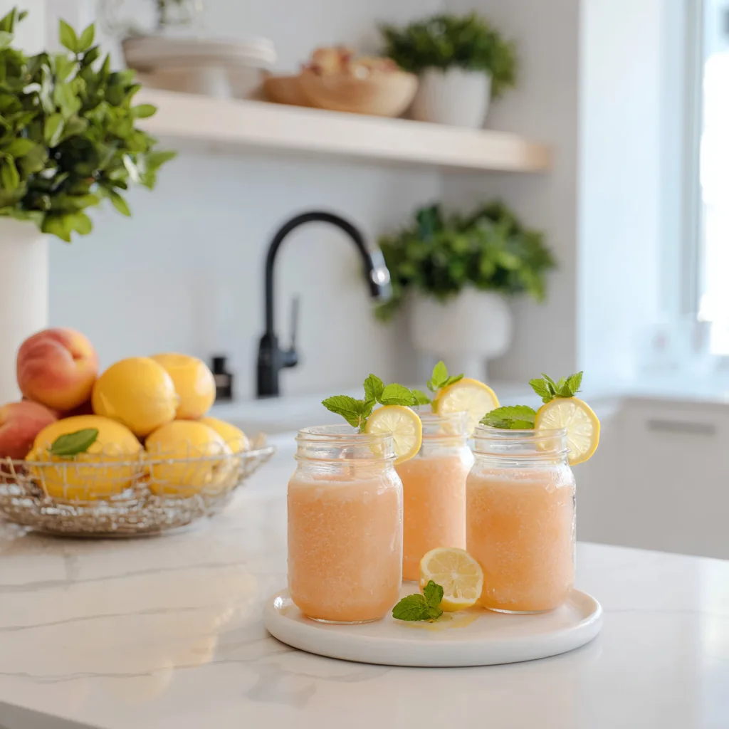 Mason jar peach lemonade slush on a bright table