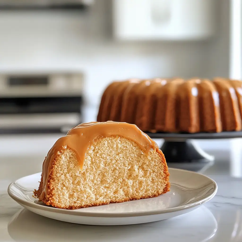 Served Slice of Pound Cake with Caramel Icing