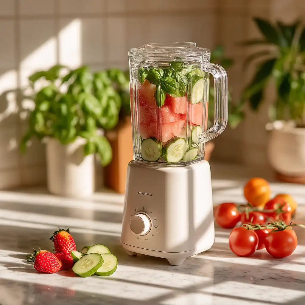 Blender filled with watermelon gazpacho ingredients on white marble countertop