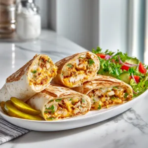 Cheesy garlic chicken wraps filled with melted cheddar and tender chicken, served with a side salad on a marble countertop.
