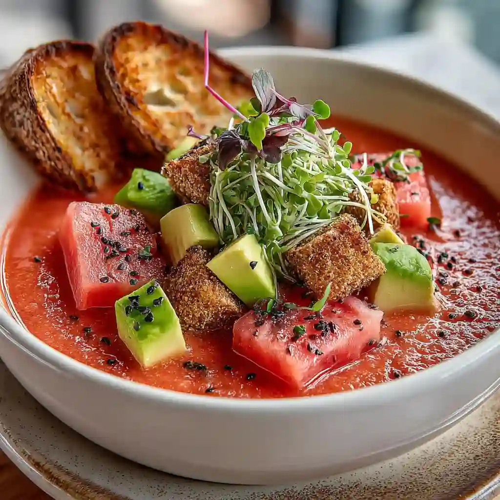 Chilled watermelon gazpacho served with avocado and microgreens