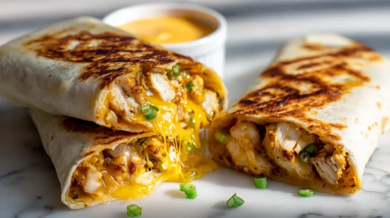 Cheesy garlic chicken wraps cut in half showing melted cheese, tender chicken, and green onions