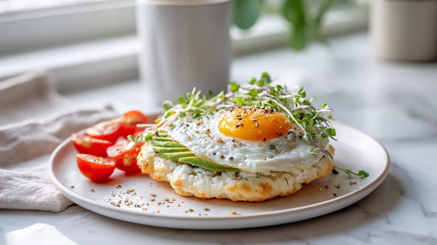 Cottage cheese cloud bread topped with sliced avocado, sunny-side egg, and microgreens for healthy breakfast