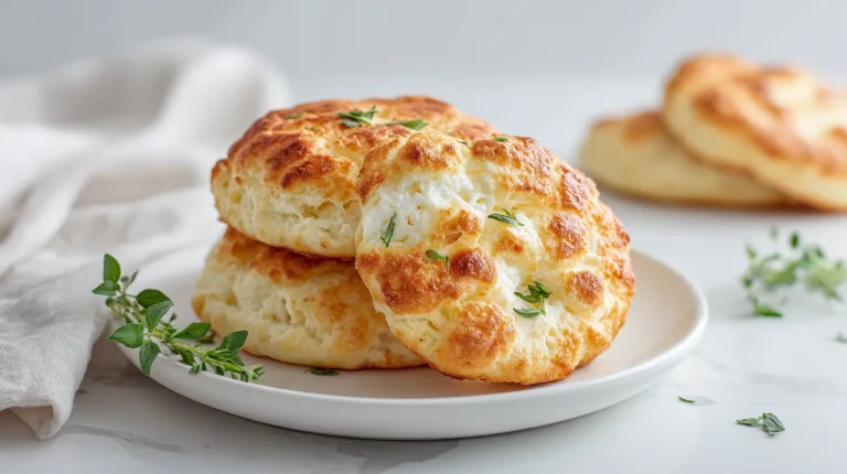 A stack of fluffy cottage cheese cloud bread with golden edges on white plate, showing airy texture