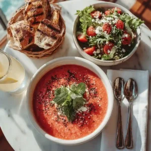 Summer lunch table with watermelon gazpacho and crusty bread