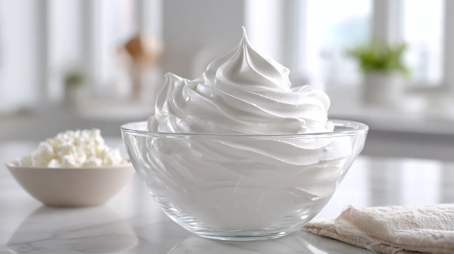 Stiff peaks of whipped egg whites in mixing bowl for making cloud bread