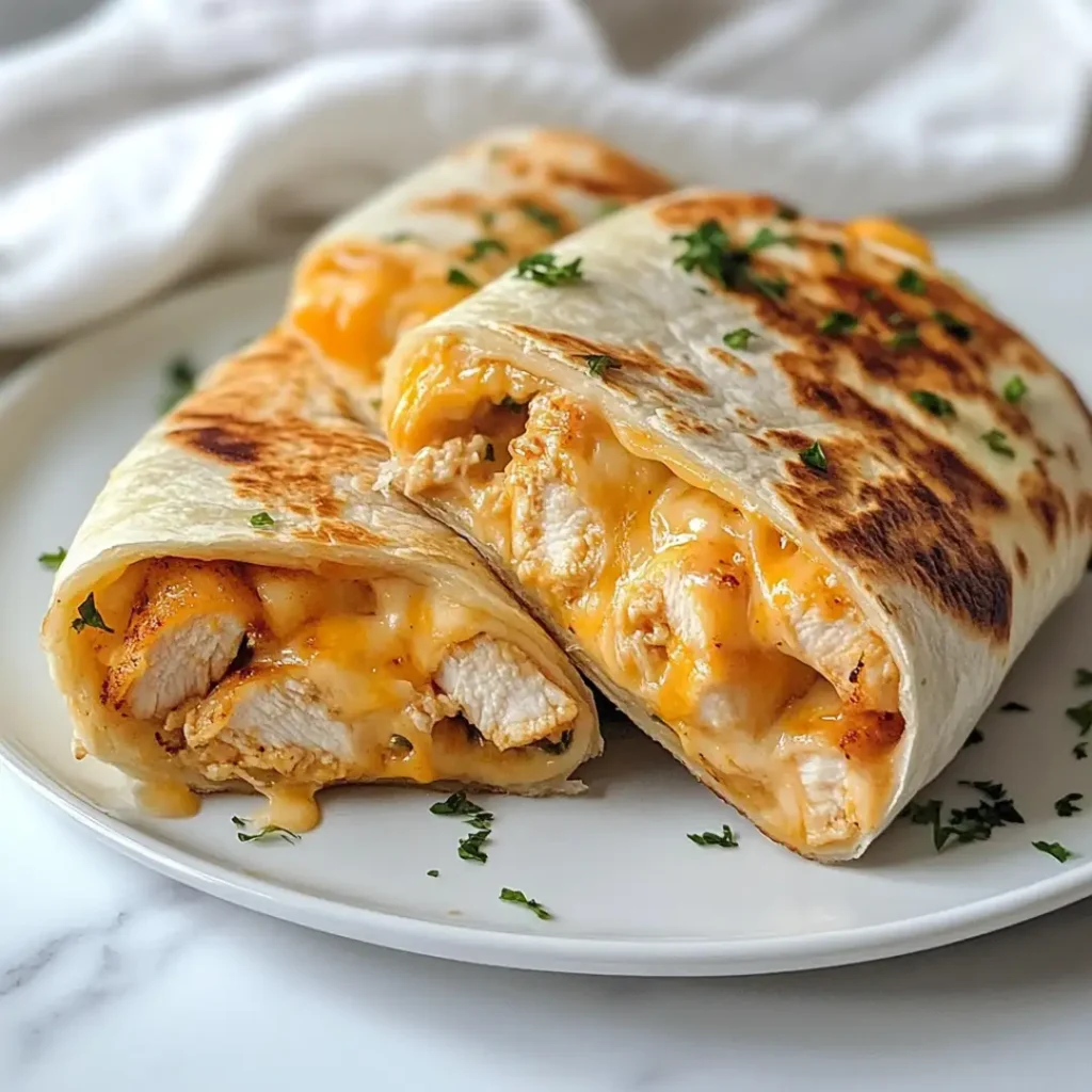 Cheesy Garlic Chicken Wraps on white marble countertop