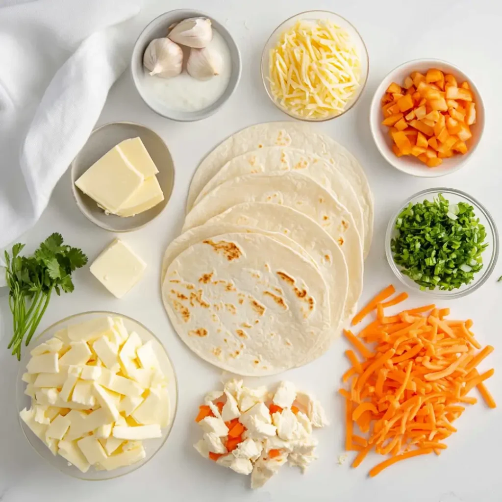 Ingredients for Cheesy Garlic Chicken Wraps on white marble