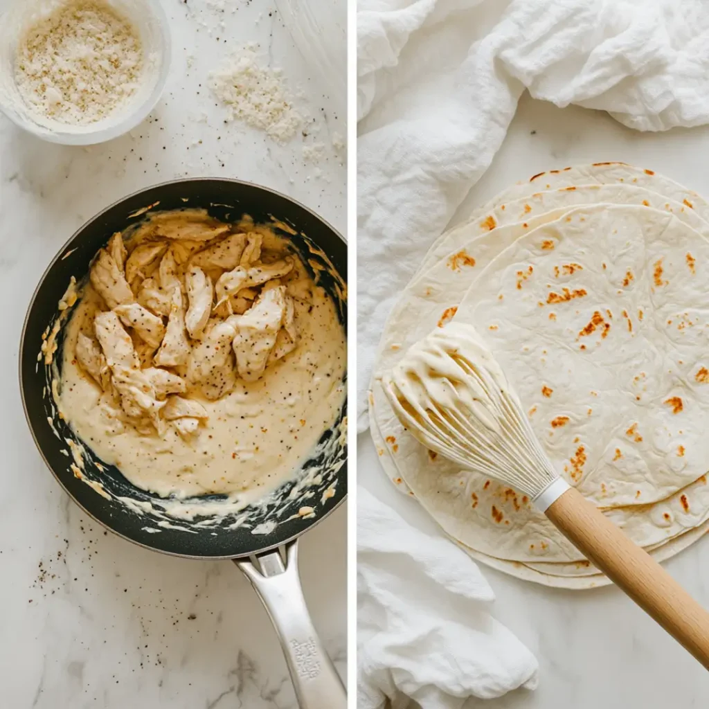 Preparing Cheesy Garlic Chicken Wraps with garlic cheese sauce