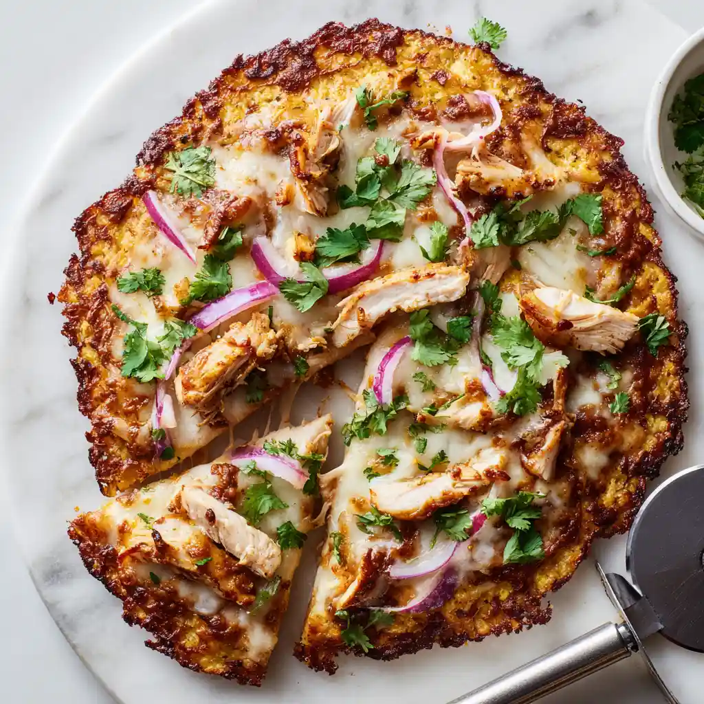 BBQ Chicken Pizza on Crispy Cauliflower Crust BBQ chicken pizza with tender chicken, melted cheese, red onions, and cilantro on a crispy cauliflower crust, served on a marble counter