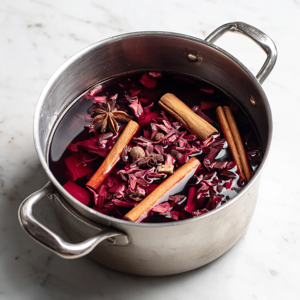 Boiling and Steeping for Sorrel Drink boiling hibiscus and spices for family sorrel drink recipe on a modern kitchen stove