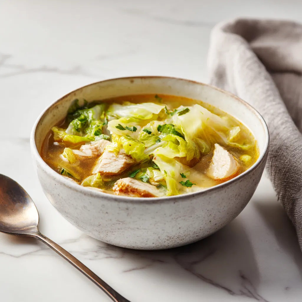 Cabbage Chicken Soup with Sweet Stewed Cabbage and Tender Chicken Cabbage chicken soup in a bowl with tender chicken, sweet cooked cabbage, and savory broth on a marble countertop