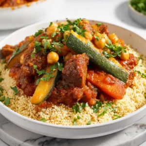 Authentic Moroccan couscous recipe card featuring tender lamb vegetables and fluffy couscous