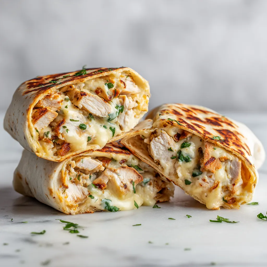 Cheesy Garlic Chicken Wraps with Creamy Sauce Cheesy garlic chicken wraps filled with tender chicken and creamy sauce on a white marble countertop