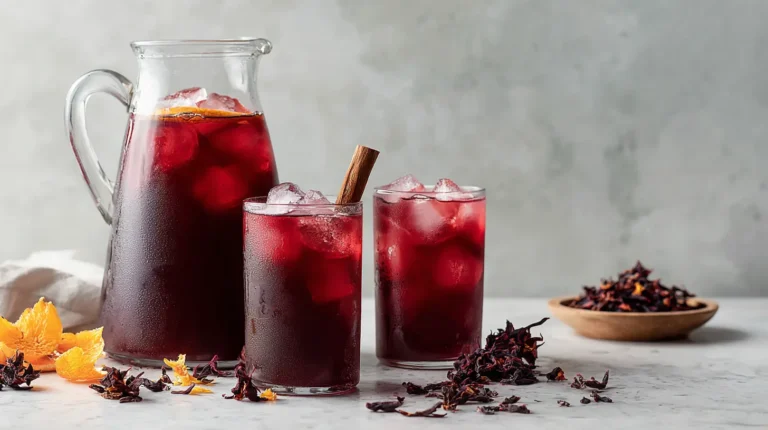 family sorrel drink recipe served in glass pitcher with ice and cinnamon stick garnish