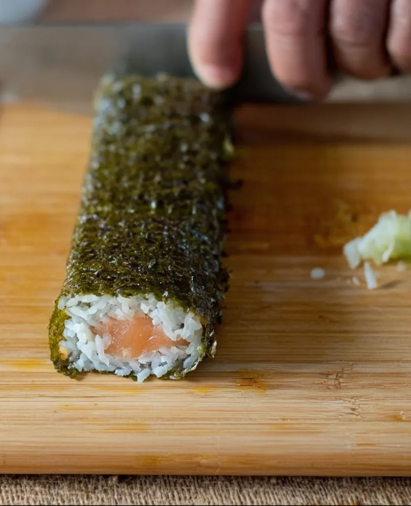 Cutting Homemade Sushi Roll Start1 (1) Beginning to cut homemade sushi roll with a sharp knife