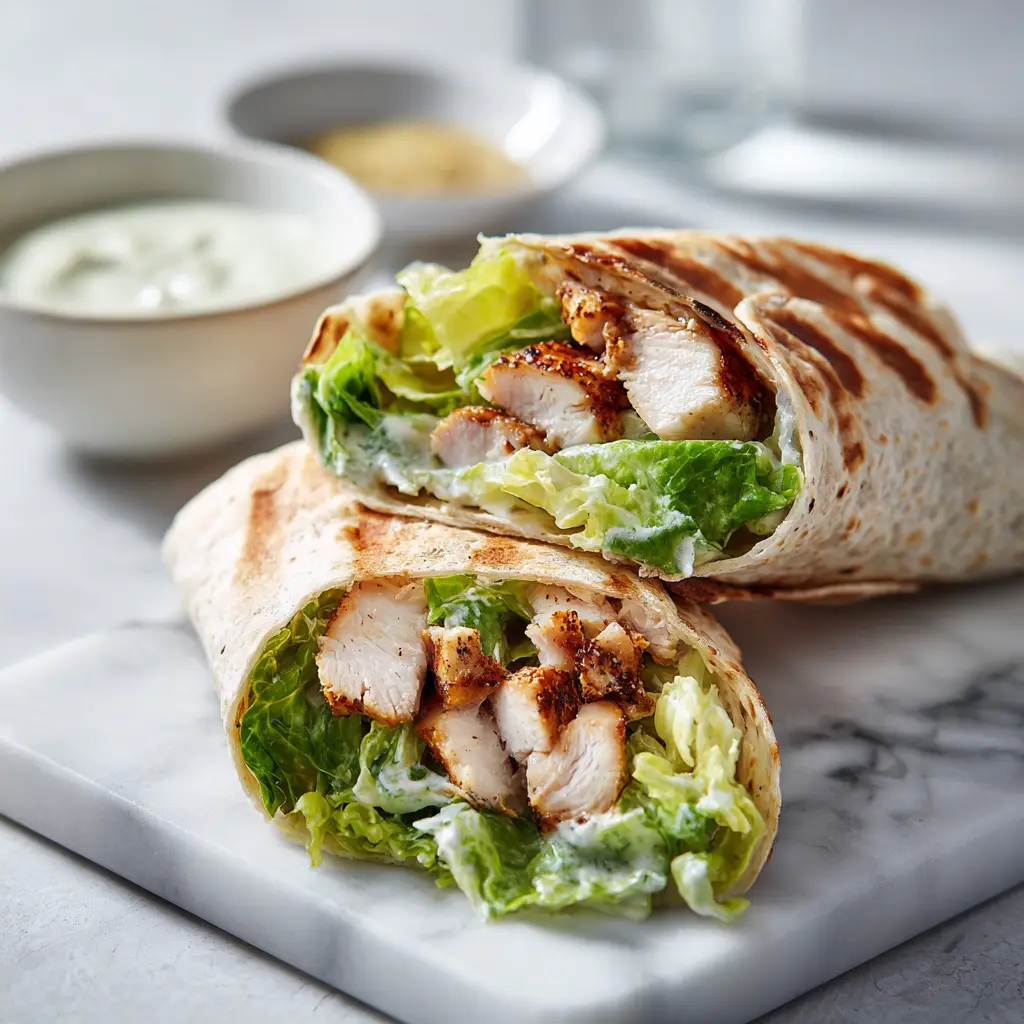 Grilled Chicken Caesar Wraps with Crisp Romaine and Creamy Dressing Grilled chicken Caesar wraps filled with tender chicken, fresh lettuce, and creamy Caesar dressing on a white marble counter