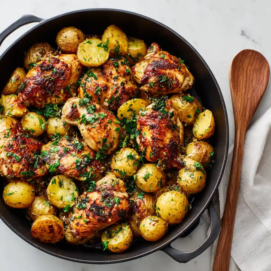 Hearty Chicken and Potato Recipes in One Pan One-pan chicken and potato recipe with golden roasted potatoes and juicy chicken pieces on a white marble counter