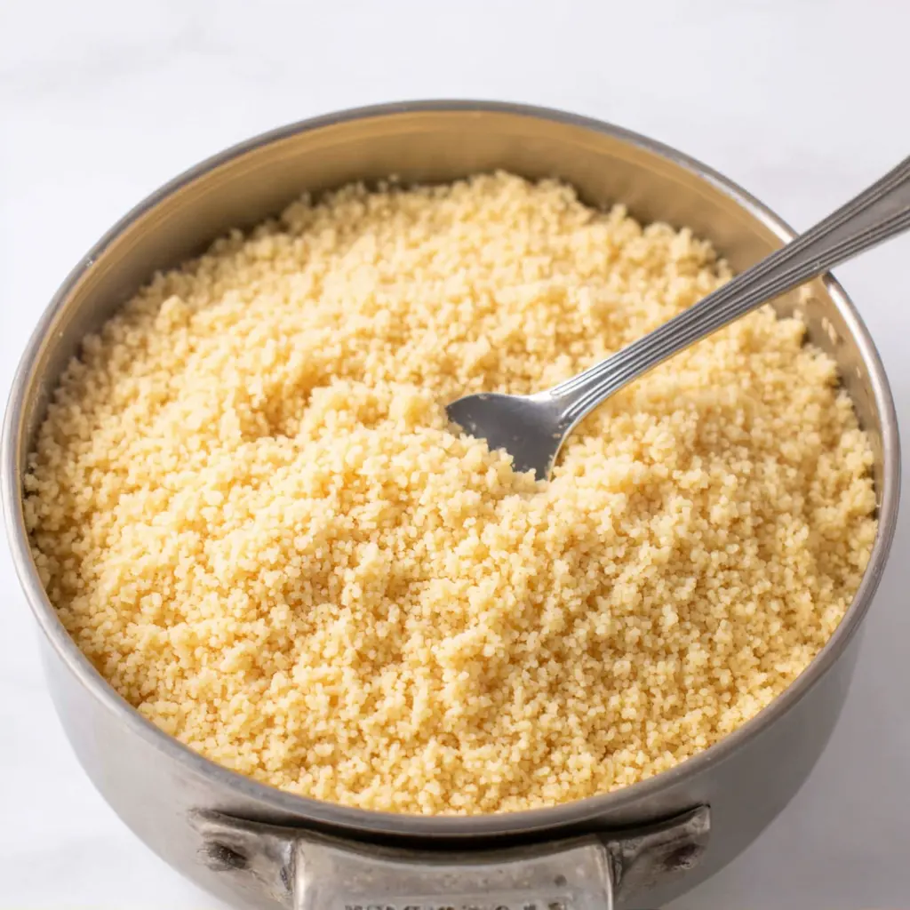 step1 fluffy-couscous-preparation Perfect fluffy couscous for authentic Moroccan couscous recipe prepared using stovetop method in metal pot with fork