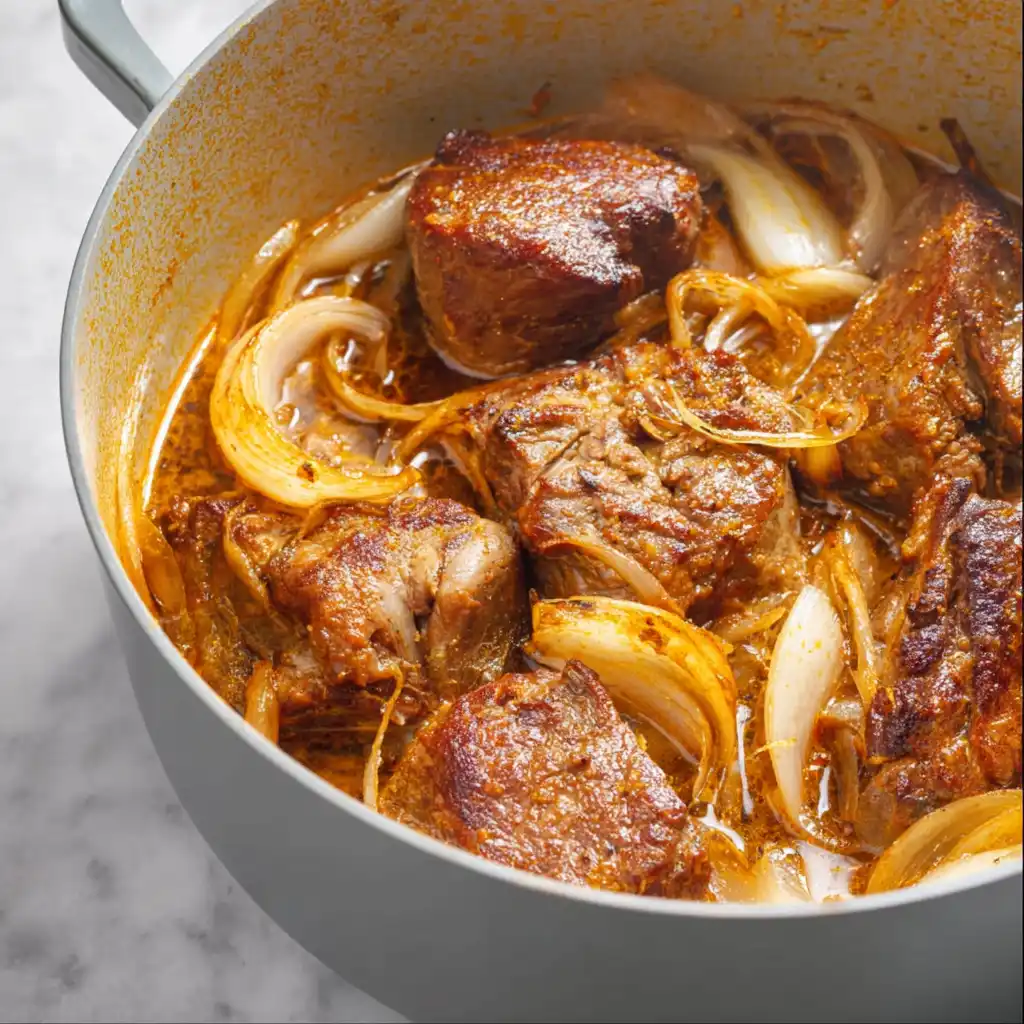 Step 2-3 lamb-browning-moroccan-couscous Perfectly browned lamb with caramelized onions for authentic Moroccan couscous recipe cooking in traditional preparation
