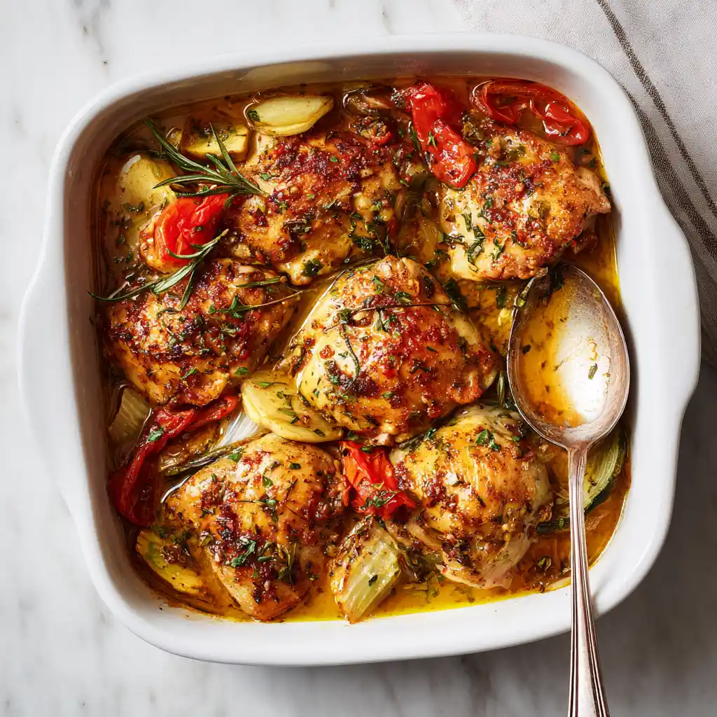 Tender One-Pot Forgotten Chicken with Vegetables and Savory Sauce (1) Forgotten chicken served in a baking dish with tender chicken, roasted vegetables, and rich sauce on a marble kitchen counter