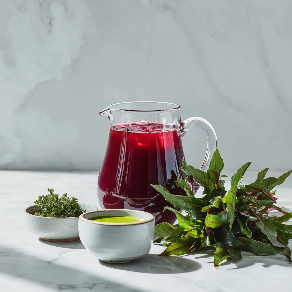 sorrel recipe featuring both red hibiscus drink and fresh green sorrel leaves