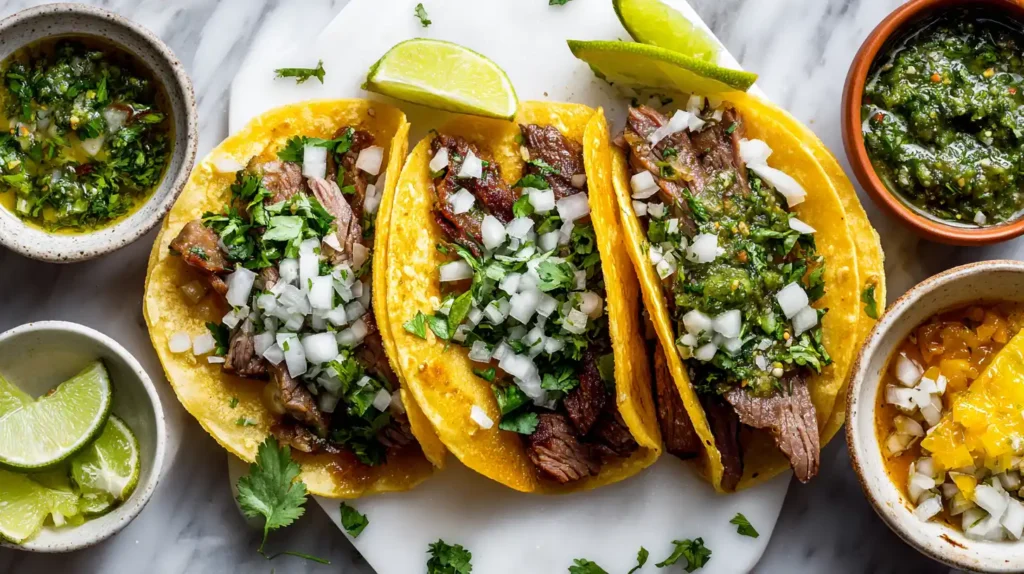 Traditional Mexican tacos with double corn tortillas topped with cilantro and onions on white marble