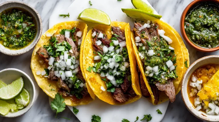 Traditional Mexican tacos with double corn tortillas topped with cilantro and onions on white marble