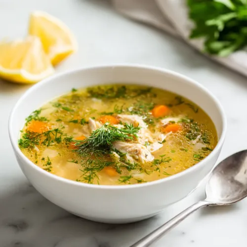 Classic Chicken Soup served with fresh herbs and a lemon wedge in a white bowl on marble