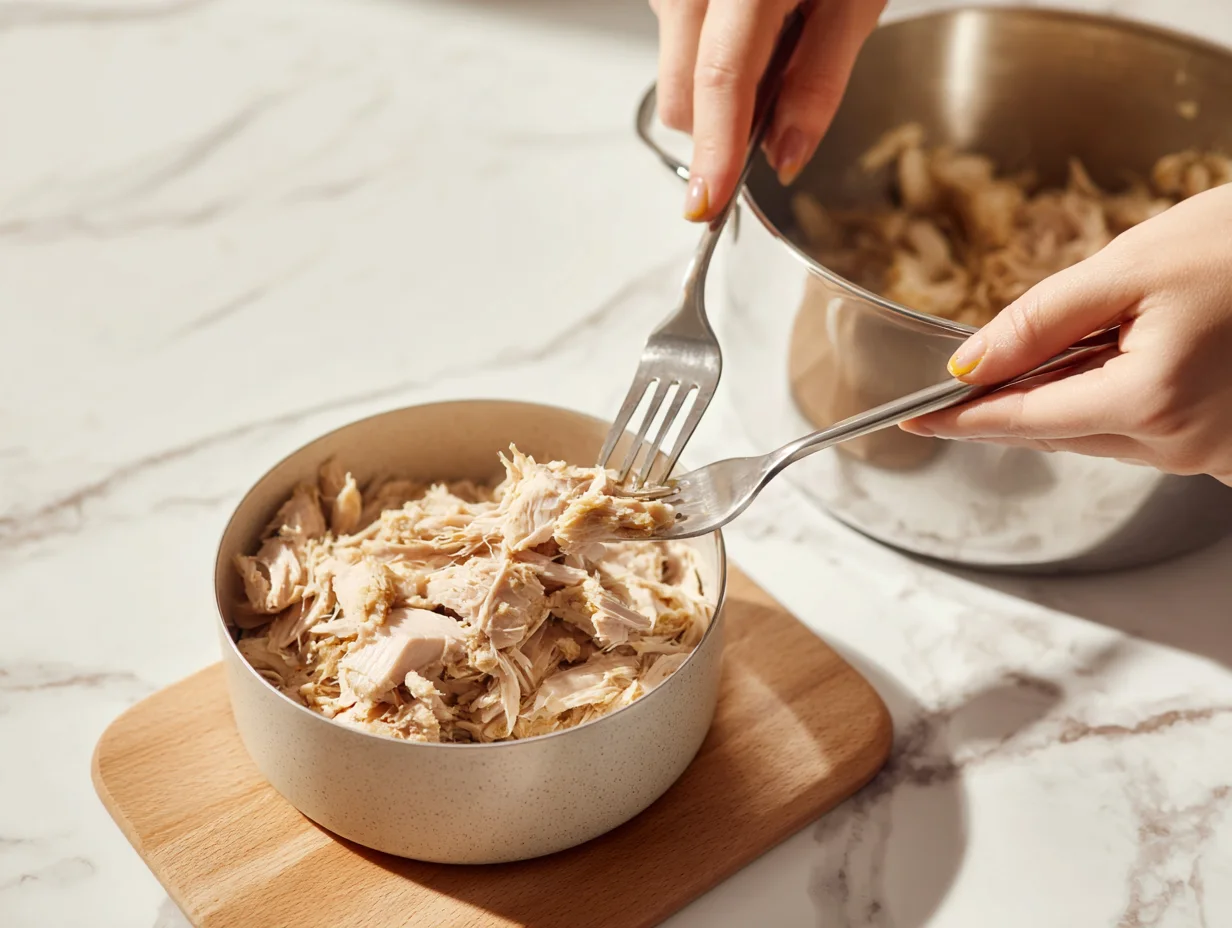 Classic Chicken Soup – Shredding the Chicken Classic Chicken Soup step showing hands shredding cooked chicken with two forks next to the pot