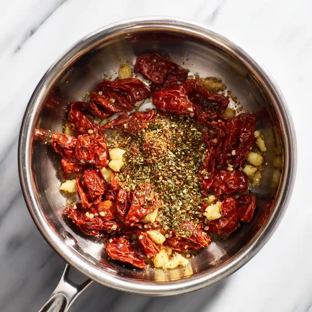 Step 1 – Build the Flavor Base Flavor base for Weight Watchers Tuscan Chicken Pasta with sun-dried tomatoes, garlic, and Italian seasoning