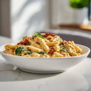 Weight Watchers Tuscan Chicken Pasta served in a white bowl on a marble countertop