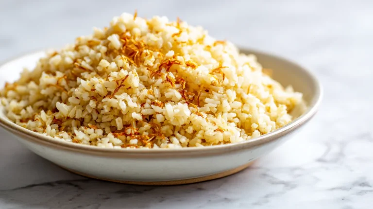 Turkish Bulgur Pilaf in a white bowl with clearly visible golden vermicelli strands mixed with fluffy bulgur