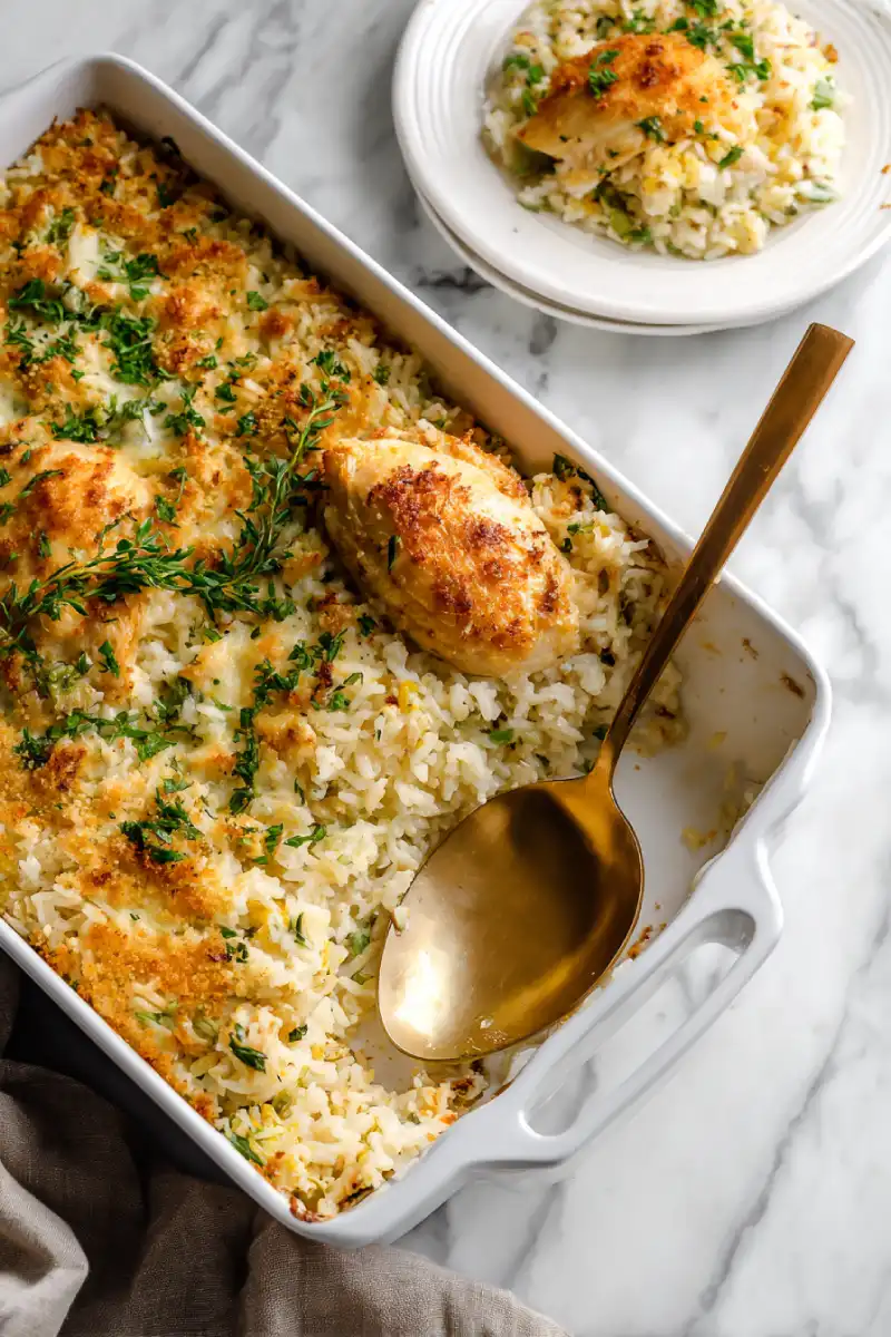 One-dish chicken and rice casserole made with Lipton Onion Soup Mix