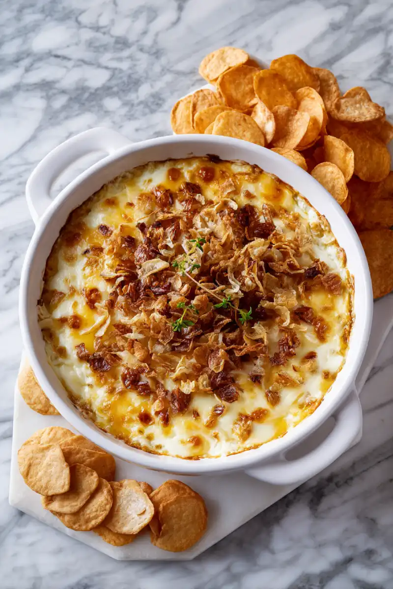 Hot baked French onion dip with melted cheese and fried onion topping