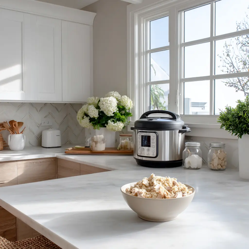 Bowl of Instant Pot chicken and rice on white marble countertop